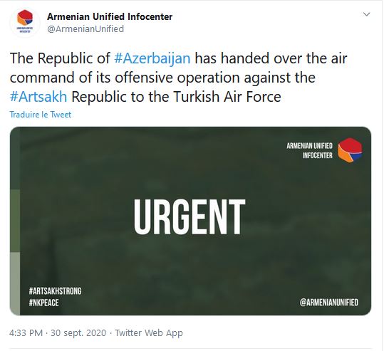 La République d&rsquo;Azerbaijan a remis le commandement aérien de son opération offensive contre l&rsquo;Artsakh à l&rsquo;armée de l&rsquo;air turque