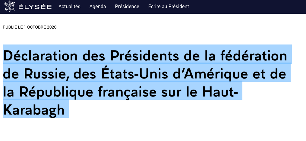Déclaration des Présidents de la fédération de Russie, des États-Unis d’Amérique et de la République française sur le Haut-Karabagh
