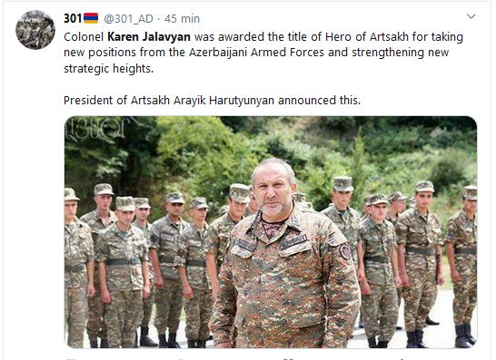 Le colonel Karen Jalavyan a reçu le titre de héros de l&rsquo;Artsakh