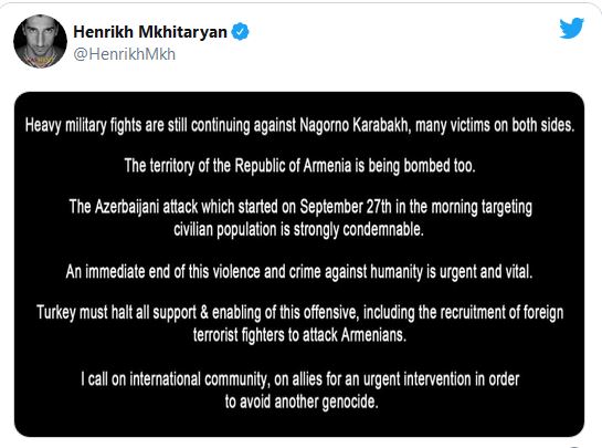 Conflit Azerbaïdjan-Arménie: Mkhitaryan réclame l’aide de la communauté internationale
