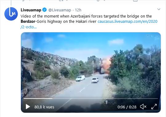 Vidéo du moment où les forces azerbaïdjanaises ont pris pour cible le pont de l&rsquo;autoroute Berdzor-Goris sur la rivière Hakari