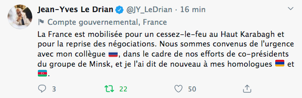 Jean-Yves Le Drian : « La France est mobilisée pour un cessez-le-feu au Haut-Karabagh »