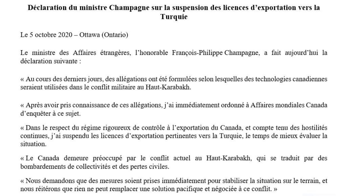 Le  Canada  suspend les licences d&rsquo;exportation vers la Turquie