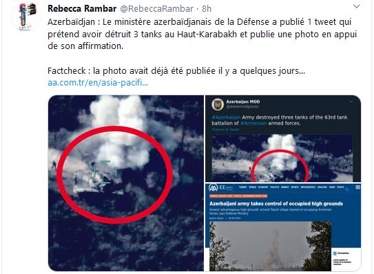 Mensonge de l&rsquo;Azerbaïdjan : Le ministère azerbaïdjanais de la Défense a publié 1 tweet qui prétend avoir détruit 3 tanks au Haut-Karabakh et publie une photo en appui de son affirmation.