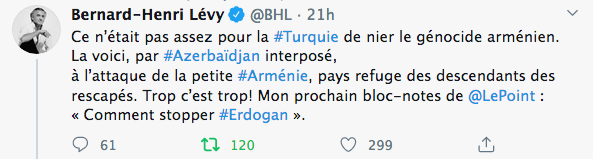 BHL : « Trop c’est trop ! Mon prochain bloc-notes pour Le Point : « Comment stopper Erdogan » »