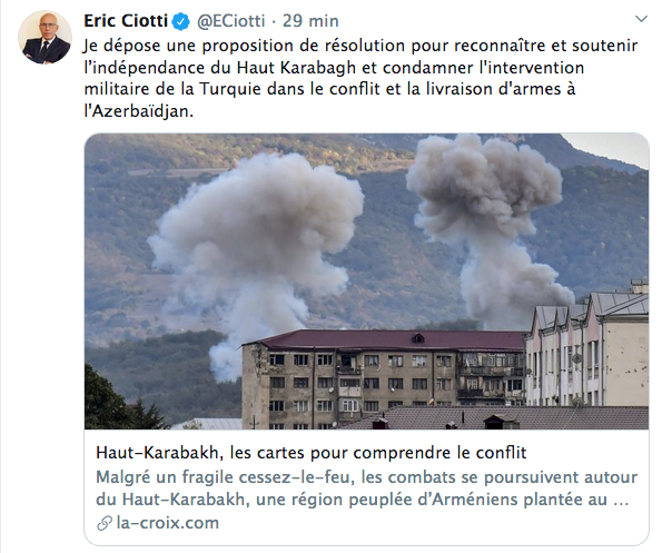 Eric Ciotti dépose une proposition de résolution pour reconnaître l’indépendance du Haut-Karabagh
