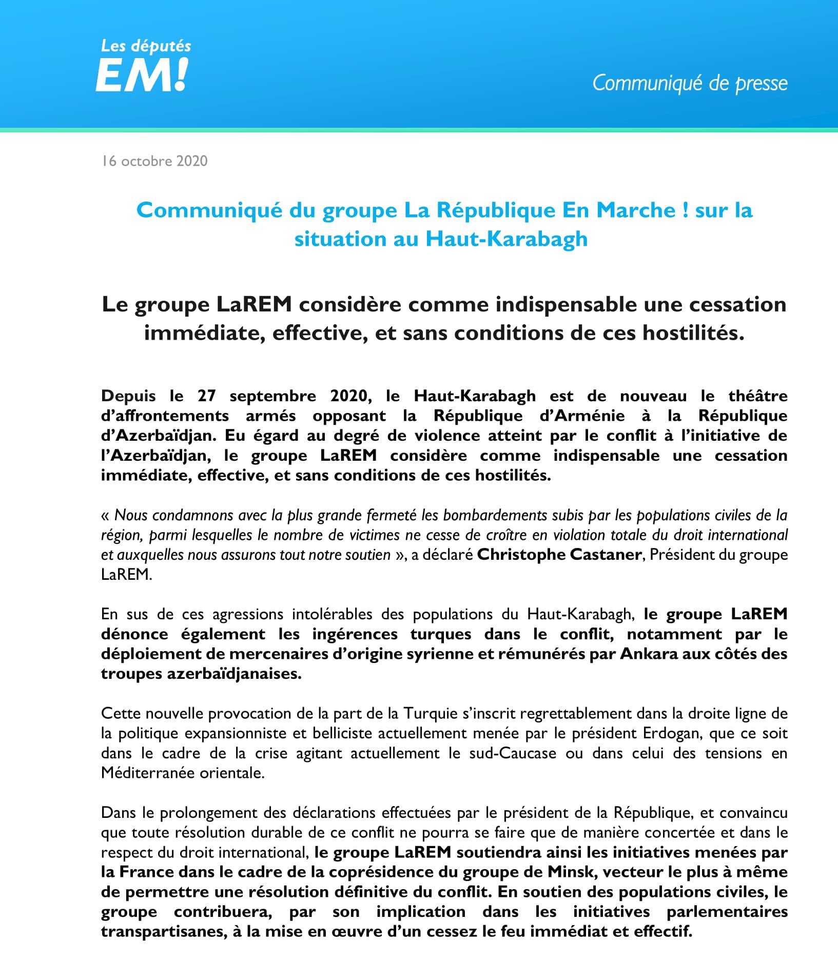 Christophe Castaner : « Les populations du Haut-Karabagh subissent des agressions intolérables. Je les condamne au nom du groupe LREM »