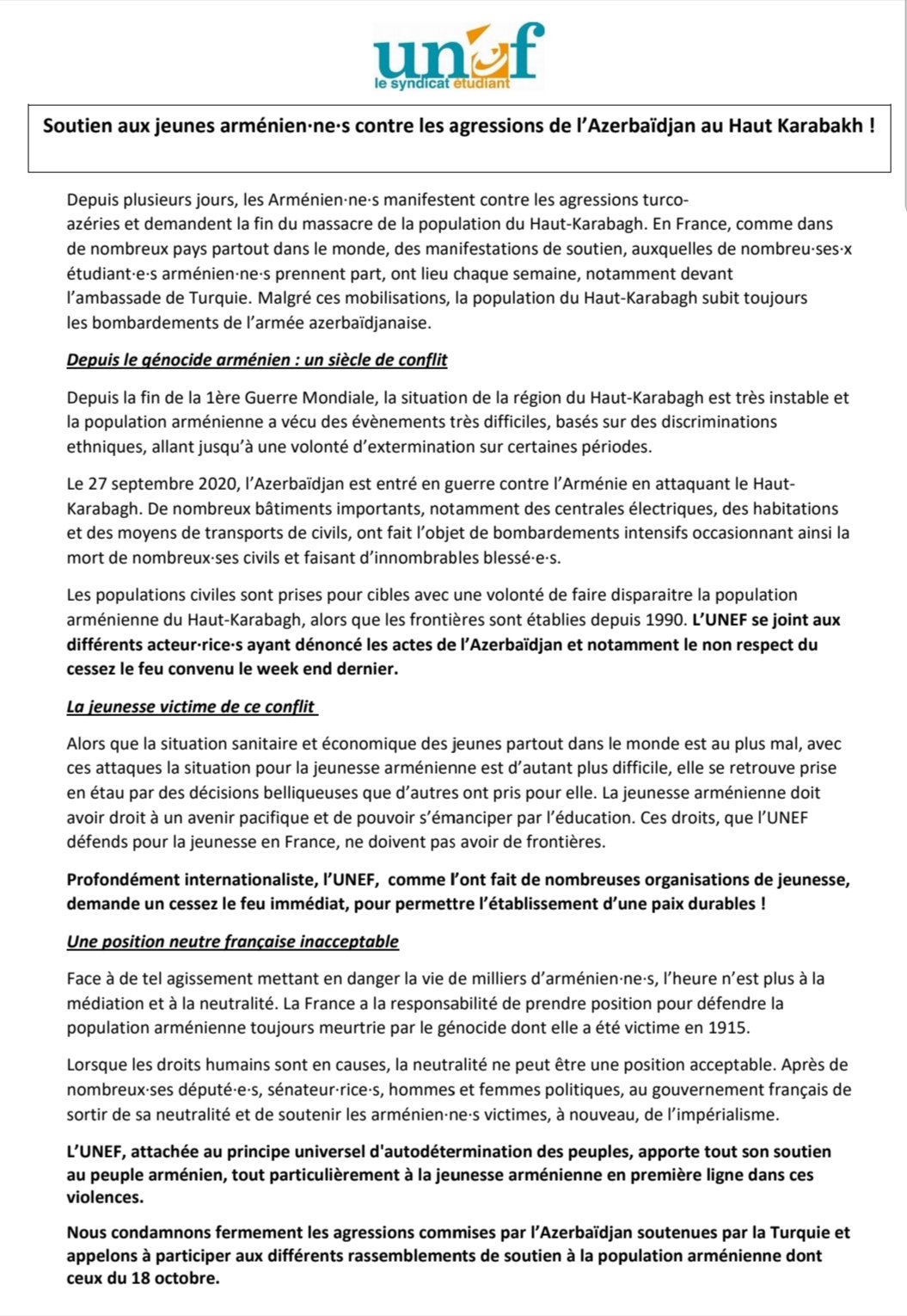 L&rsquo;UNEF apporte son soutien aux jeunes arméniens et demande la reconnaissance de l&rsquo;Artsakh