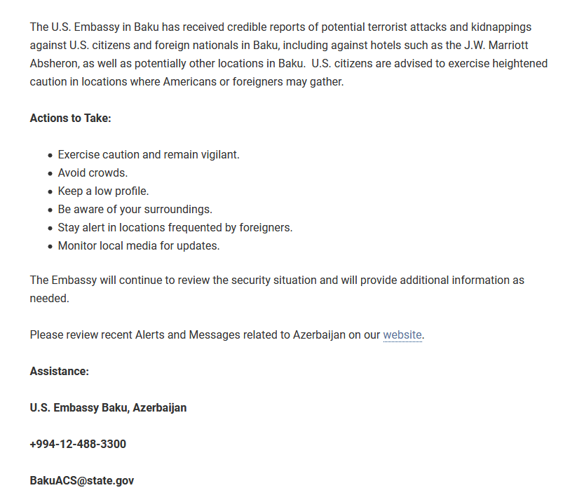 L&rsquo;ambassade des États-Unis à Bakou a reçu des informations crédibles faisant état d&rsquo;attaques terroristes et d&rsquo;enlèvements potentiels contre des citoyens américains et des ressortissants étrangers