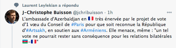 L&rsquo;ambassade d&rsquo;Azerbaïdjan en France très énervée par le projet de vote d&rsquo;un vœu du Conseil de Paris