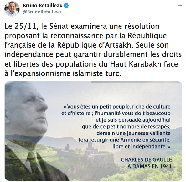 Le 25/11, le Sénat examinera une résolution proposant la reconnaissance par la République française de la République d’Artsakh