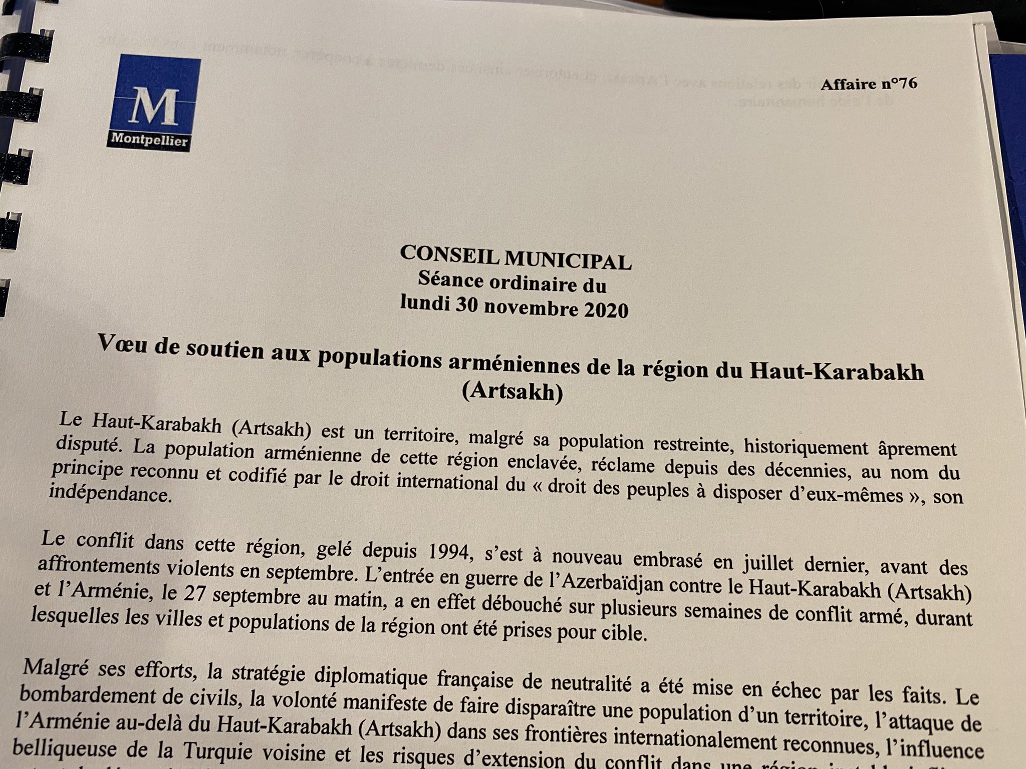 La Ville de Montpellier appelle à la reconnaissance de l’Artsakh