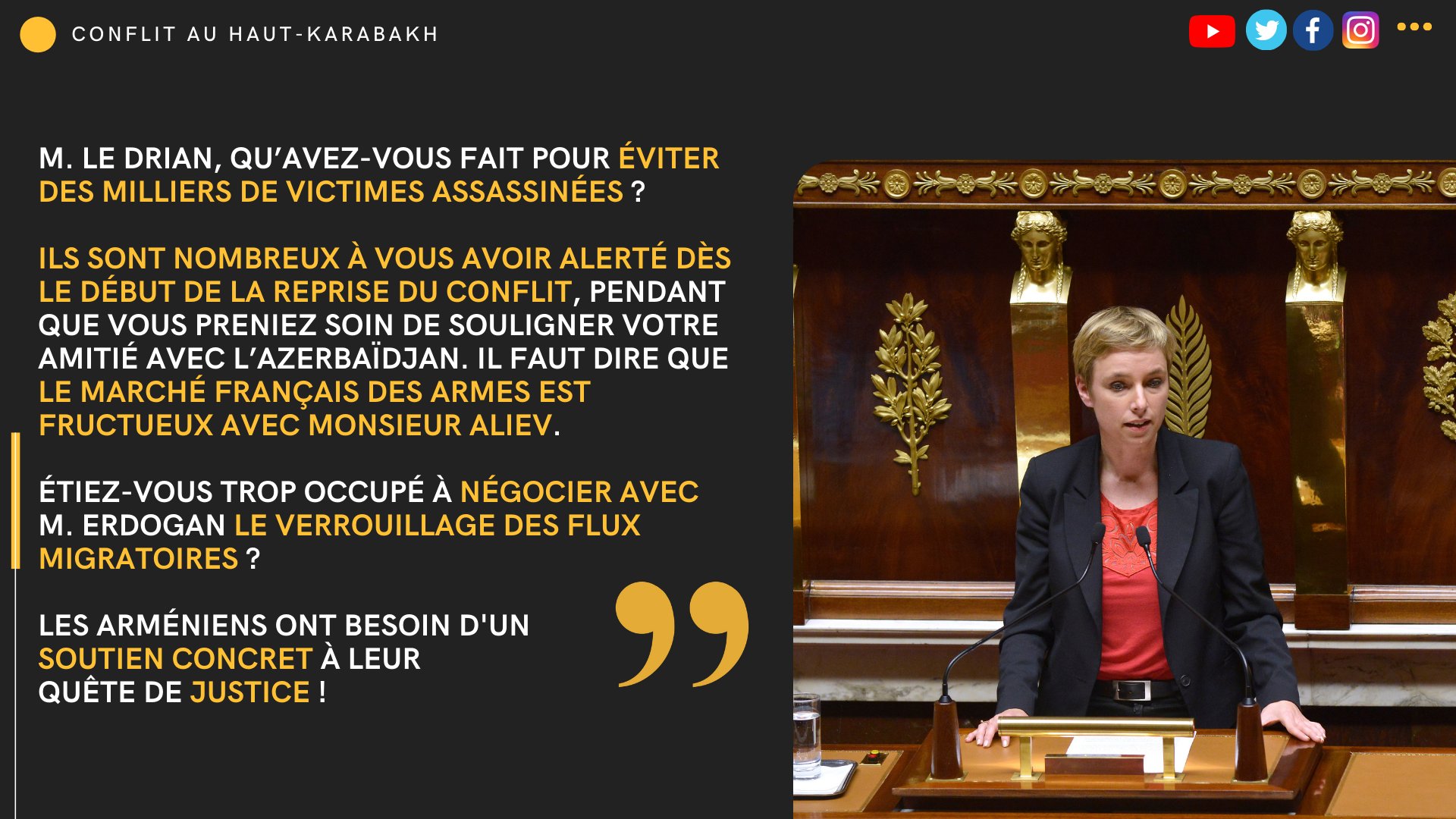 Le discours fort de Clémentine Autain (FI) : « La France doit soutenir les Arméniens dans leur quête de justice »