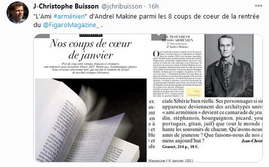 « L&rsquo;Ami arménien » d&rsquo;Andreï Makine parmi les 8 coups de coeur de la rentrée du Figaro Magazine  .