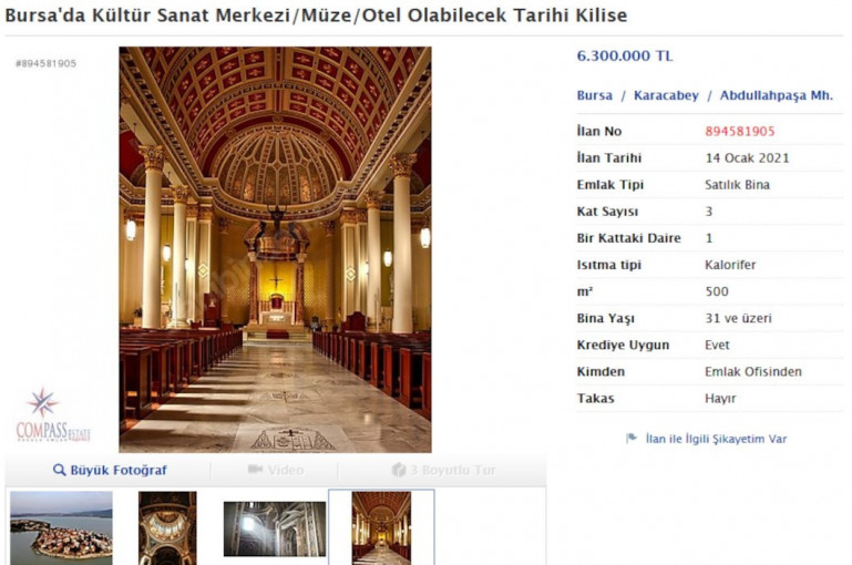 L’église arménienne de Bursa (Brousse) en Turquie mise en vente à 6 millions de lire turque