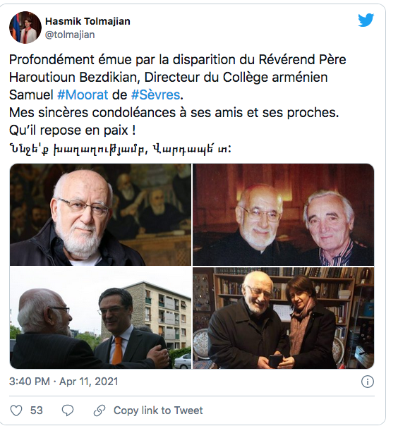 Hasmik Tolmadjian : profondément émue par la dispartion du père Bezdikian