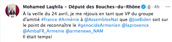 Mohamed Laqhila : « À la veille du 24 avril, je me réjouis que Joe Biden soit sur le point de reconnaître le génocide arménien »