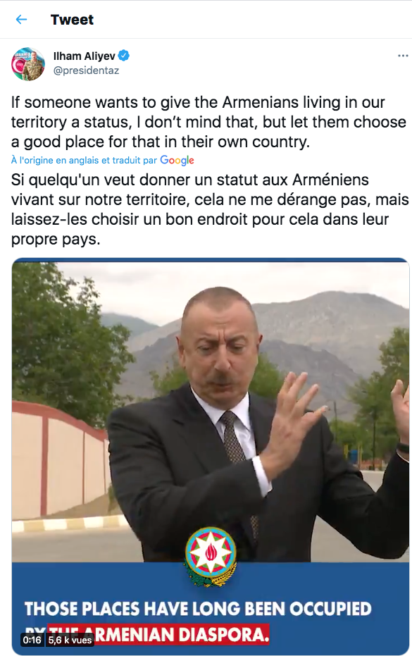 Aliev : que les Arméniens trouvent un statut ailleurs !