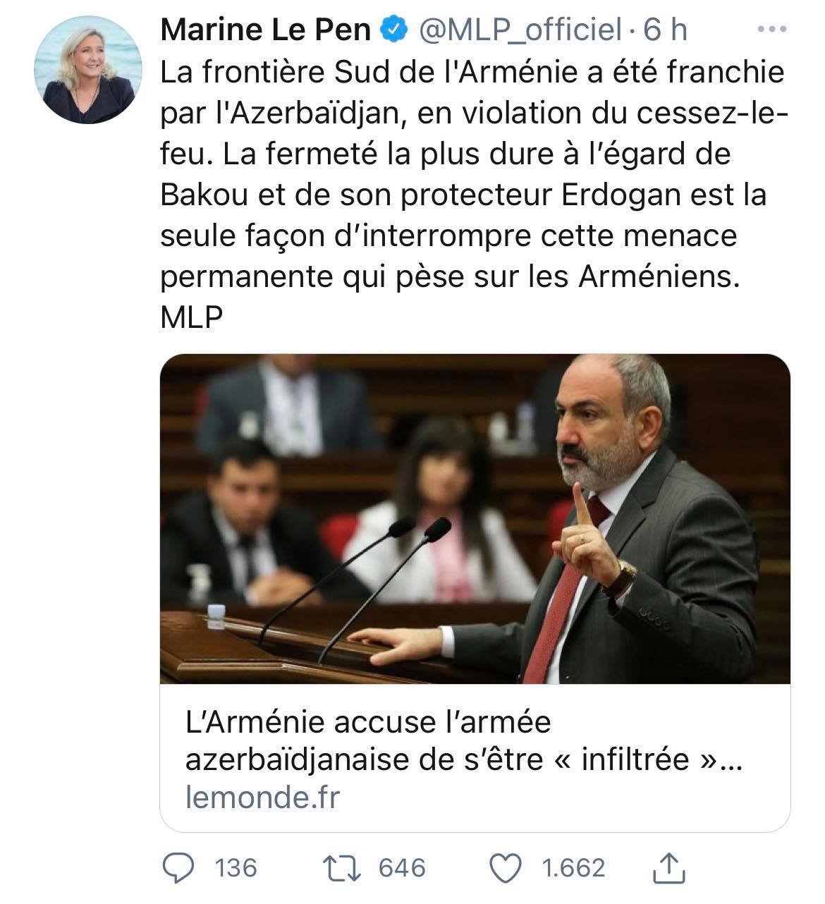 Marine Lepen soutient l&rsquo;Arménie face à Bakou