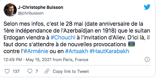 Jean-Christophe Buisson : Erdogan serait à Chouchi le 28 mai