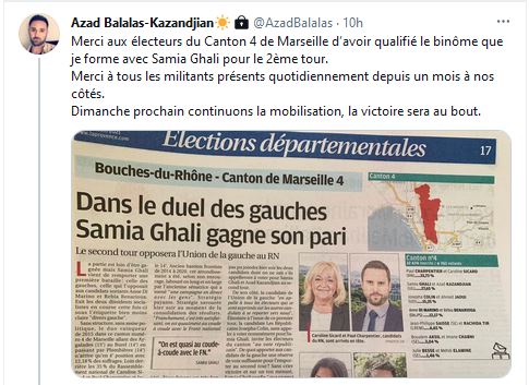 Merci aux électeurs du Canton 4 de Marseille d’avoir qualifié le binôme que je forme avec Samia Ghali pour le 2ème tour.