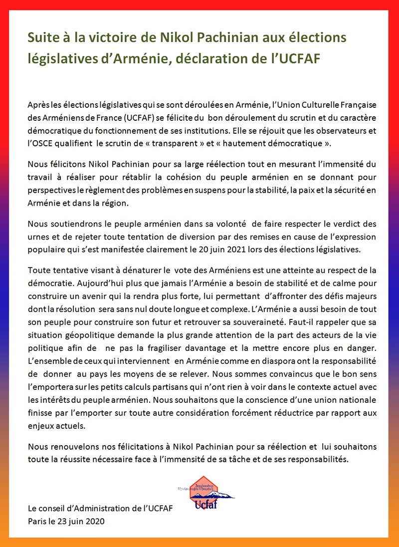 Election de Nikol Pachinian déclaration de l&rsquo;UCFAF