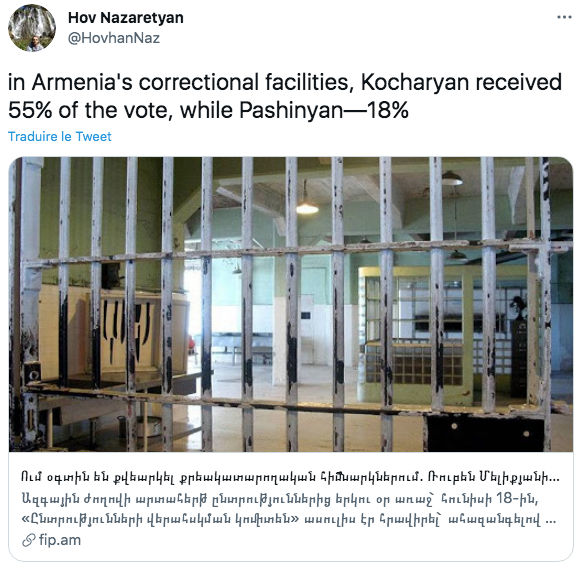 Dans les établissements pénitentiaires d&rsquo;Arménie, Kocharyan a obtenu 55 % des voix, tandis que Pashinyan – 18 %.