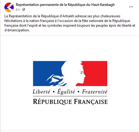 La Représentation de la République d&rsquo;Artsakh adresse ses plus chaleureuses félicitations à la nation française