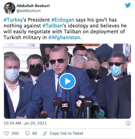 Erdogan : « nous n&rsquo;avons rien contre l&rsquo;idéologie des Talibans