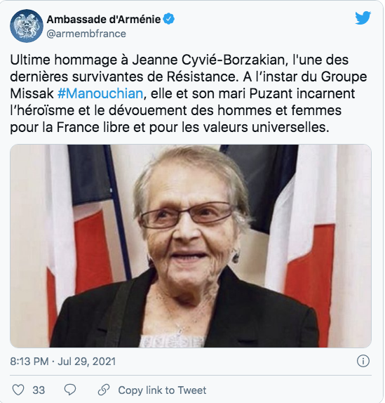 Ambassade d&rsquo;Arménie : hommage à Jeanne Cyvié-Borzakian