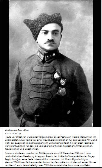 Il y a 99 ans aujourd&rsquo;hui, Enver Pacha a été tué par Hakob Melkumyan (sur la photo)