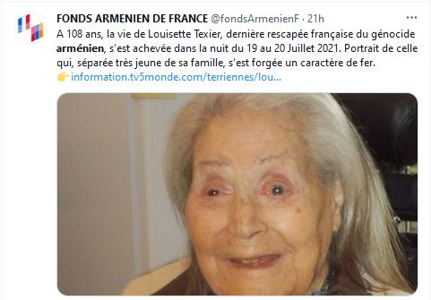 A 108 ans, la vie de Louisette Texier, dernière rescapée française du génocide arménien, s&rsquo;est achevée dans la nuit du 19 au 20 Juillet 2021