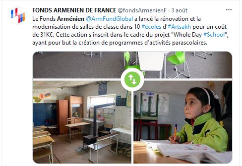 Le Fonds Arménien @ArmFundGlobal  a lancé la rénovation et la modernisation de salles de classe dans 10 écoles d&rsquo;Artsakh
