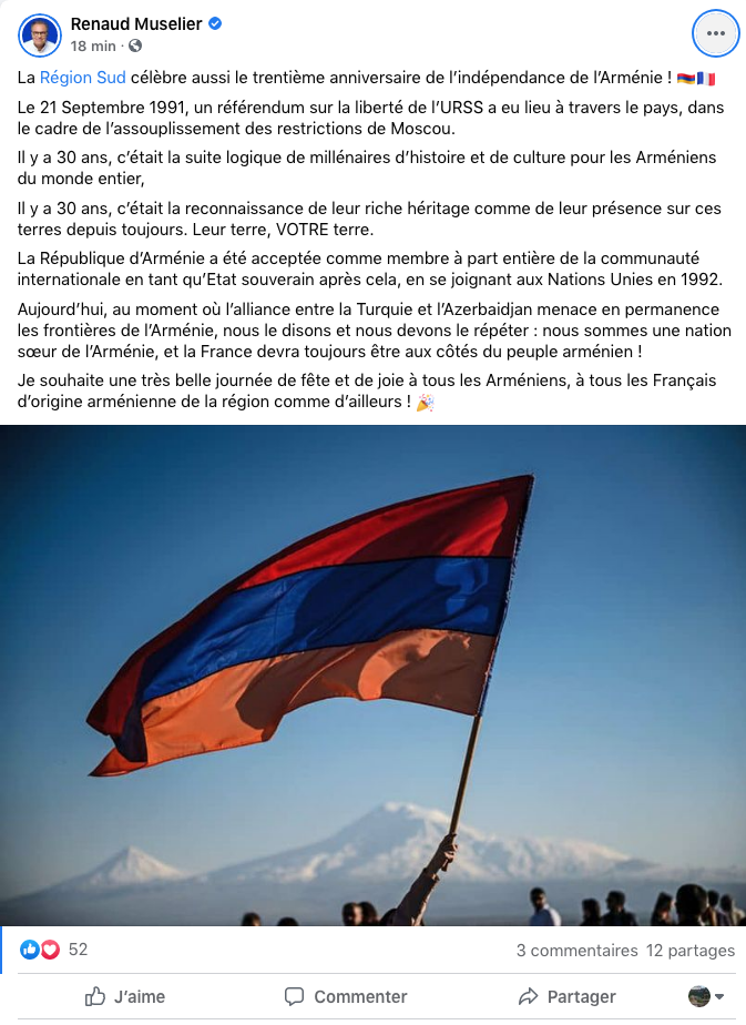 Renaud Muselier salut les 30 ans de l&rsquo;Arménie