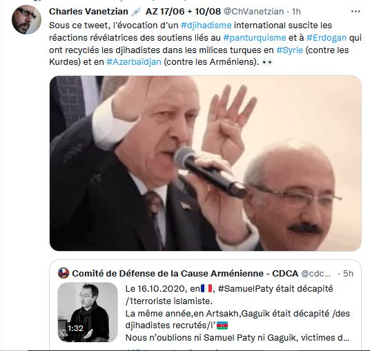 Sous ce tweet, l&rsquo;évocation d&rsquo;un djihadisme international suscite les réactions révélatrices des soutiens liés au panturquisme et à Erdogan