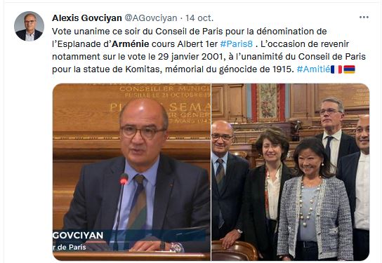 Vote unanime ce soir du Conseil de Paris pour la dénomination de l’Esplanade d’Arménie cours Albert 1er
