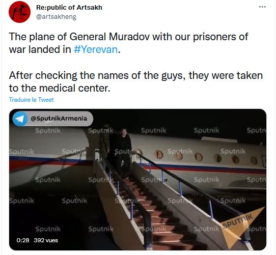 L&rsquo;avion du général Mouradov avec nos prisonniers de guerre a atterri à Yerevan