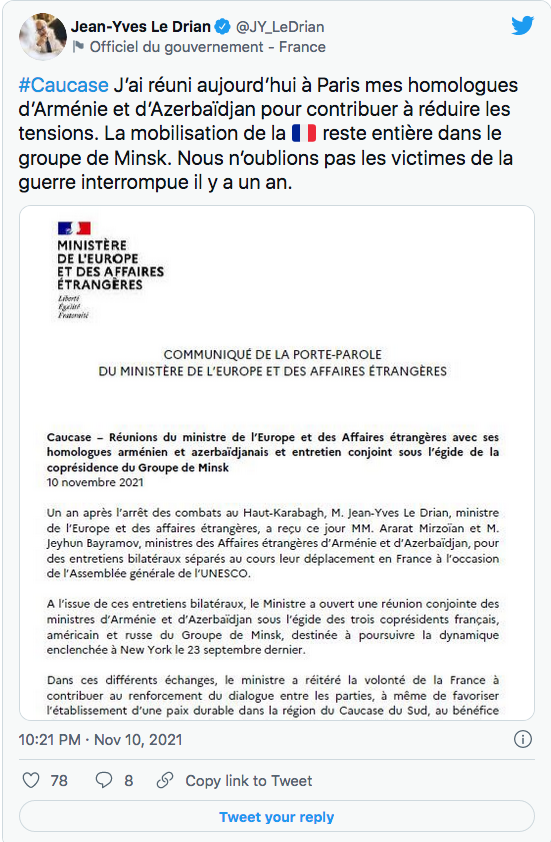 Le Drian : j&rsquo;ai réunis mes homologues d&rsquo;Arménie et d&rsquo;Azerbaïdjan