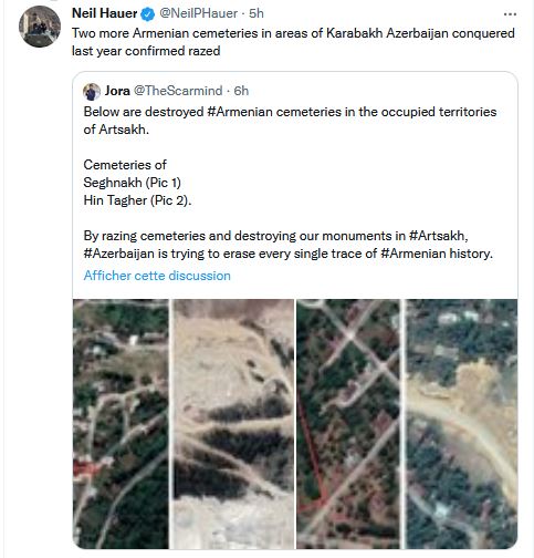 Deux autres cimetières arméniens dans des régions du Karabakh conquises l&rsquo;an dernier ont été confirmés comme rasés