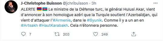 Le ministre de la Défense turc, le général Hulusi Akar, vient d&rsquo;annoncer à son homologue azéri que la Turquie soutient l&rsquo;Azerbaïdjan