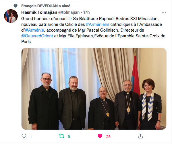 H.Tolmadjian : Grand honneur d’accueillir Sa Béatitude Raphaël Bedros XXI Minassian,