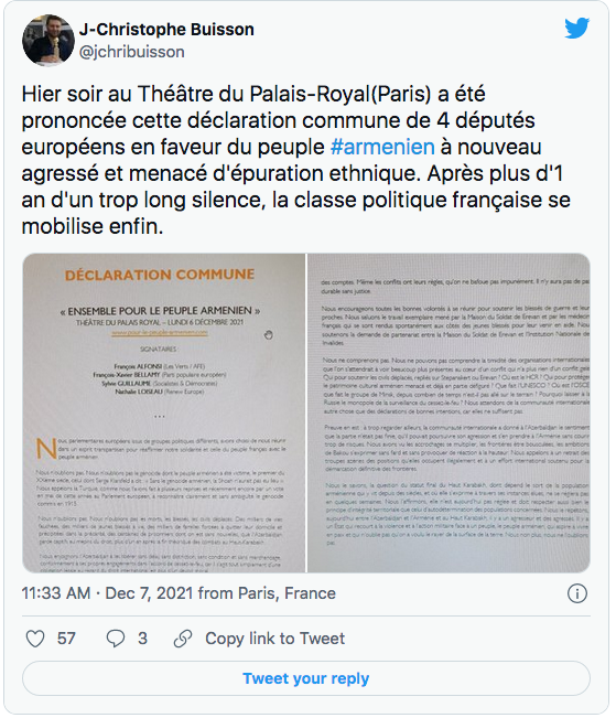 JC Buisson : déclaration des eurodéputés pour l&rsquo;Arménie
