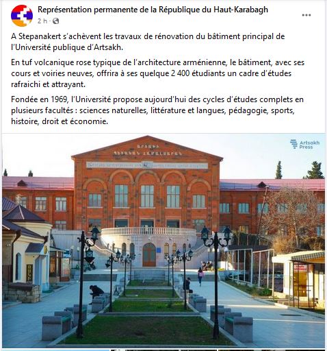 A Stepanakert s’achèvent les travaux de rénovation du bâtiment principal de l’Université publique d’Artsakh.
