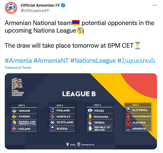 Quels adversaires pour l&rsquo;Arménie en Ligue des Nations