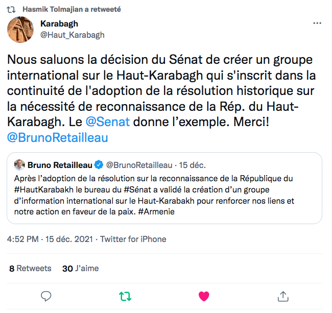 Karabagh : salut au Sénat pour son groupe sur le Karabakh