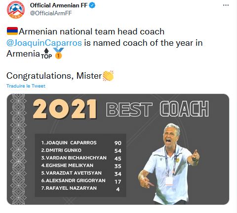 Le tweet de la Fédération arménienne de Football confirmant que Joaquin Caparros est nommé entraîneur de l&rsquo;année en Arménie
