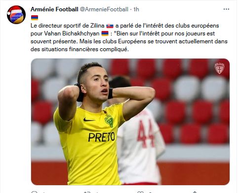 Le directeur sportif de Zilina a parlé de l&rsquo;intérêt des clubs européens pour Vahan Bichakhchyan