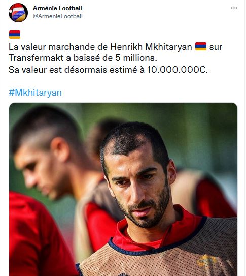 La valeur marchande de Henrikh Mkhitaryan sur Transfermakt a baissé de 5 millions.