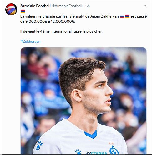 La valeur marchande sur Transfermakt de Arsen Zakharyan est passé de 9.000.000€ à 12.000.000€.