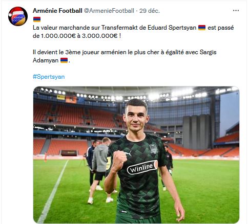 La valeur marchande sur Transfermakt de Eduard Spertsyan est passé de 1.000.000€ à 3.000.000€ !